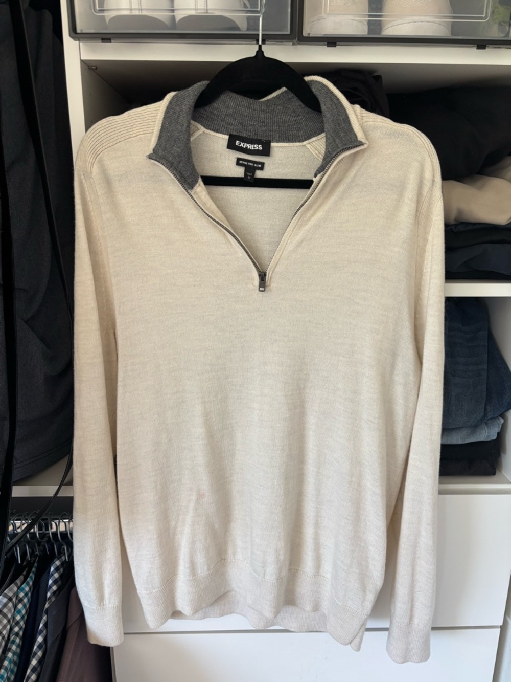 Express Men's Half-Zip Sweater in Cream with Gray Collar